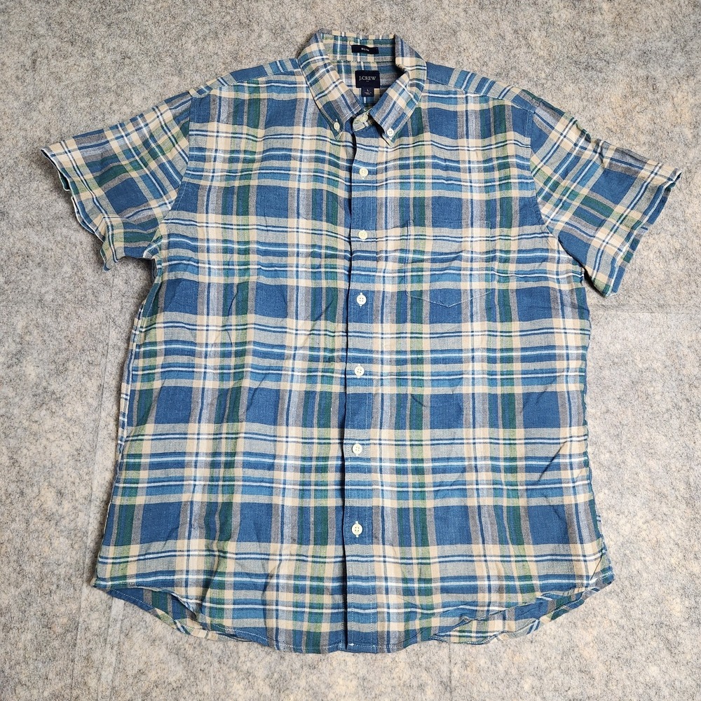 J Crew Linen Blend Shirt Men L Blue Multicolor Scotch Plaid Slim Fit Preppy